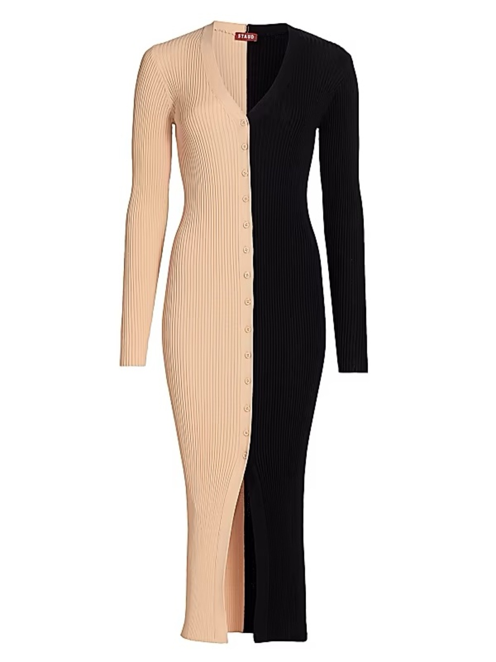 STAUD Shoko Knit Two-Tone Ribbed Button-Front Midi Dress in Beige and Blue Black